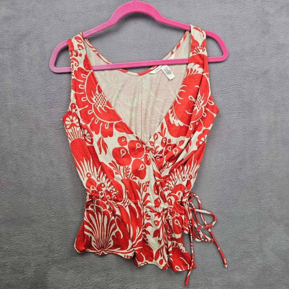 Diane von Furstenberg Silk Wrap Peplum Top Coral Cream Floral Size 4